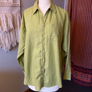 Linen cotton blend long sleeve green button down